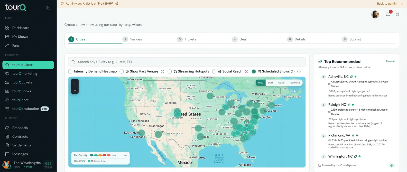 tourQbuilder demand heatmap for The Wavelengths showing projected tickets across US markets